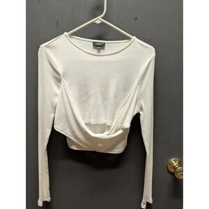 Topshop Size 10 Ivory ribbled long sleeve shirt top layering faux wrap cropped